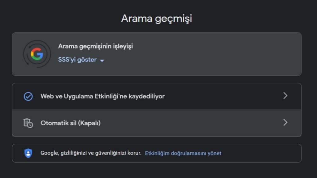 Arama geçmişi ayarları.